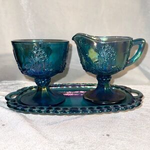 Vintage  Blue Carnival Glass Creamer and Sugar Set UV reactive